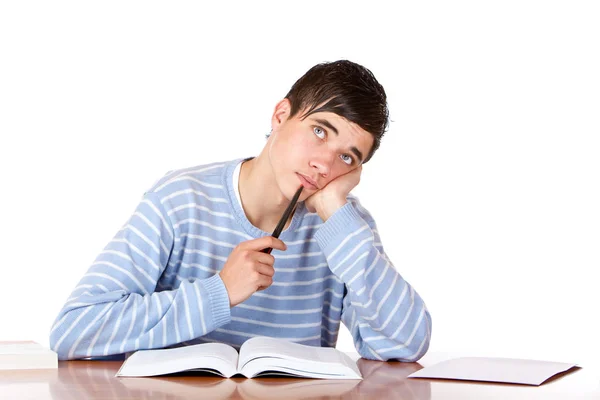 Estudante Masculino Bonito Novo Com Livros Estudo Olhando Contemplati — Fotografia de Stock