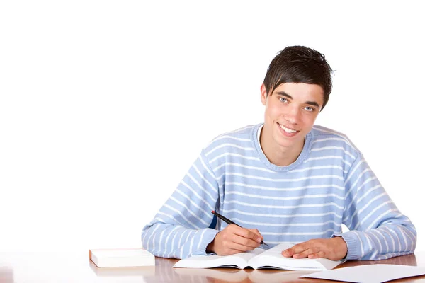 Jovem Feliz Bonito Masculino Estudante Sentado Mesa Aprendendo Para — Fotografia de Stock