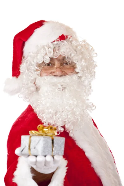 Old Happy Santa Claus Holding Christmas Gift Hand — Stock Photo, Image