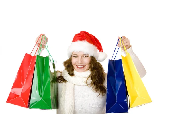 Jóvenes Atractivos Sonriendo Mujer Santa Claus Haciendo Compras Navideñas — Foto de Stock