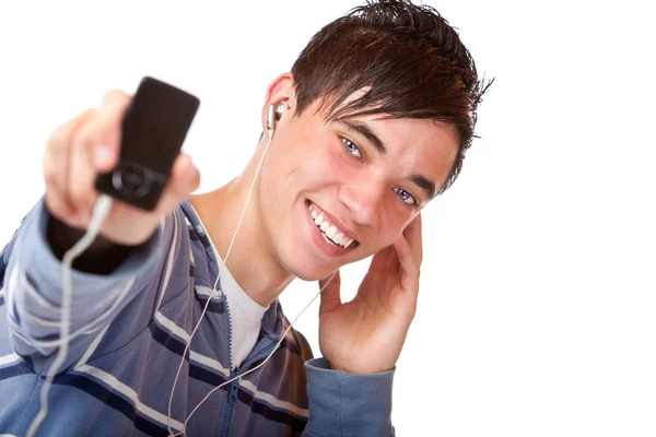 Jong Mannetje Luisteren Mp3 Muziek Shows Speler — Stockfoto