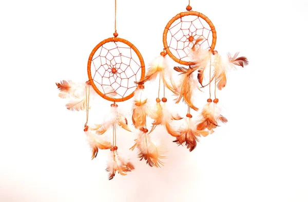 Dreamcatcher Made Feathers Beads Thread Isolated White Fone — стоковое фото