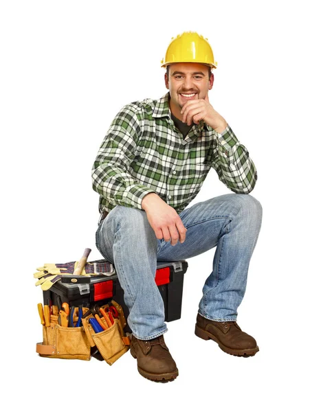 Young Handyman Sit His Toolbox Isolated White — Stock Photo, Image