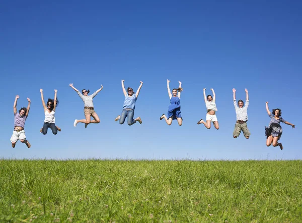 Gruppe Von Freunden Springt Auf Wiese Unter Blauem Himmel — Stockfoto