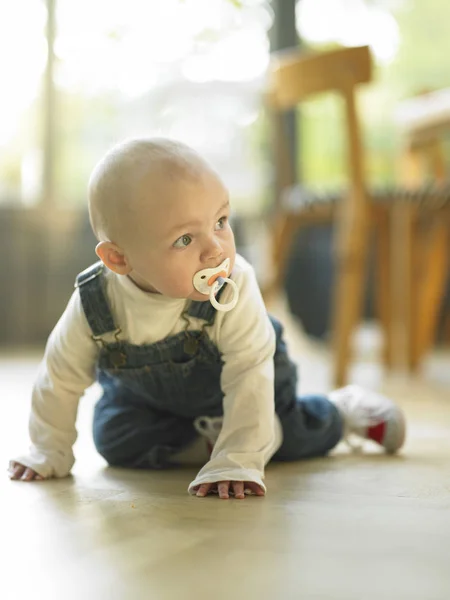 Baby Crawling Pacifier Mouth Vertically Framed Shot — Stock Photo, Image