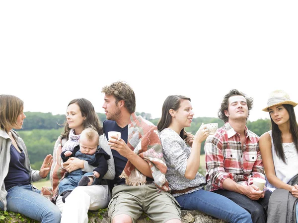 Group Young People Having Coffee Morning One Woman Holding Baby — Stock Photo, Image