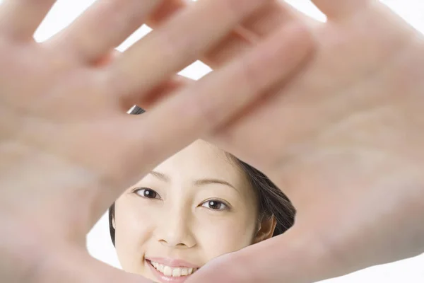 Young Woman Her Face Background Mirror — Stock Photo, Image