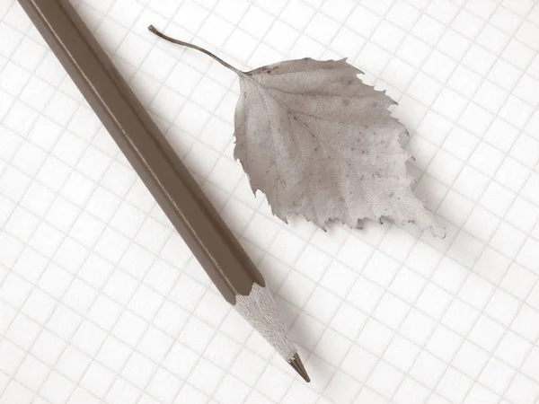 Sepia Toned Abstract Stationery Still Life Pencil Dry Leaf Notebook — Stock Photo, Image