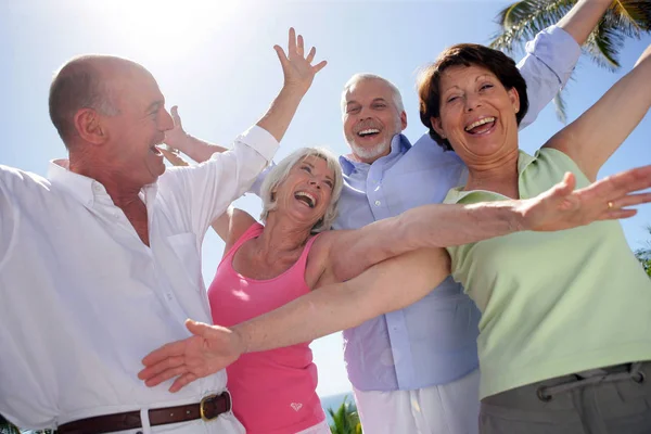 Šťastná Skupina Seniorů Zvednutím Ruky — Stock fotografie