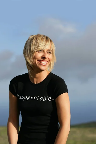 Portrait Smiling Woman Black Shirt Profile — Stock Photo, Image