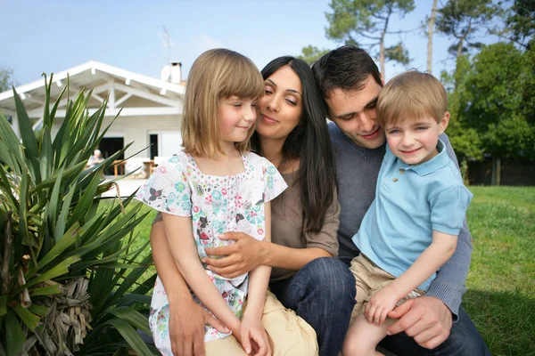 Man Woman Children Front House Stock Picture