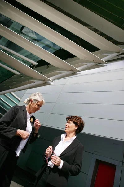 Mulheres Mais Velhas Traje Negócios Olhando Antes Discutir Edifício Moderno — Fotografia de Stock