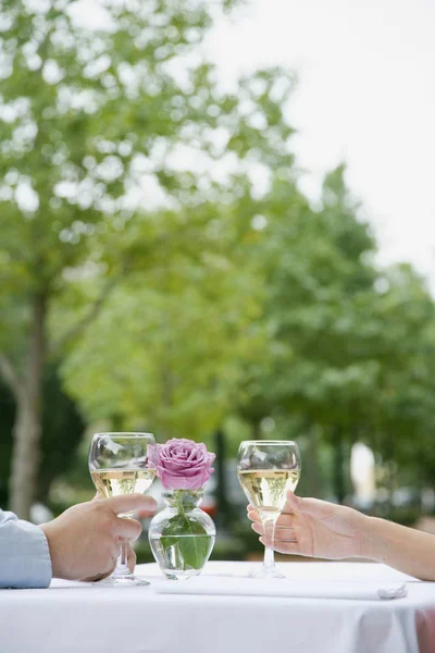 Cropped View Couple Hands Holding Glasses Champagne Table Vertically Framed — Stock Photo, Image