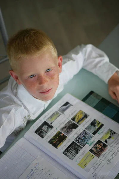 宿題をしている少年の肖像画 — ストック写真
