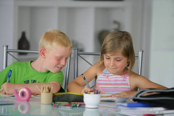 Portrait Garçon Une Fille Assis Bureau Faisant Leurs Devoirs — Photo