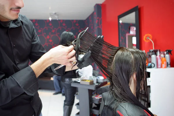 Friseur Schneidet Einer Frau Die Haare — Stockfoto