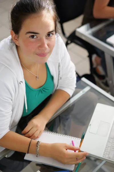 Portrait Smiling Girl Sitting Laptop Classroom - Stock-foto