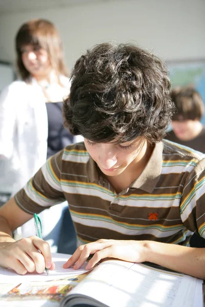 Portrait Young Boy Sitting Classroom — Stock Photo, Image