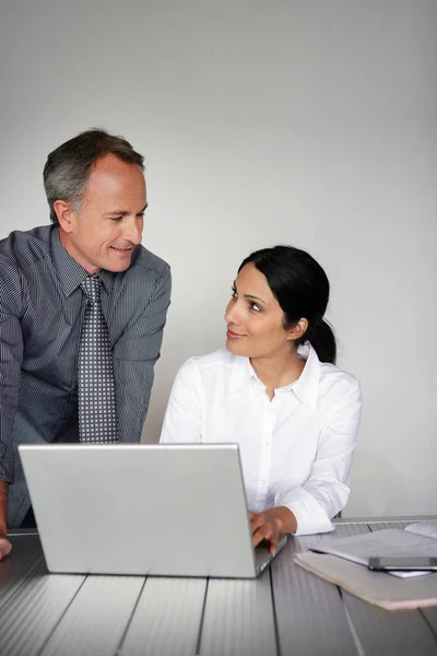 Portrait Man Woman Smiling Looking Laptop - Stock-foto