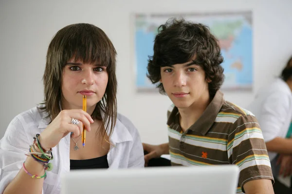 Portrait Young Boy Girl Front Laptop Classroom — Stock Photo, Image