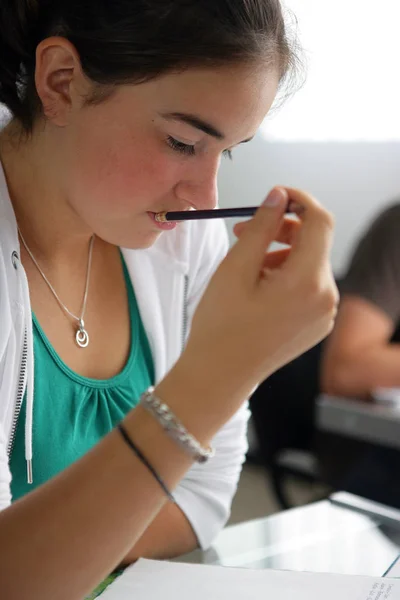 Portrait Young Girl Sitting Classroom — Stock Photo, Image