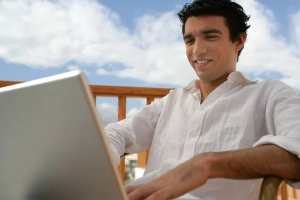 Portrait Smiling Man Laptop Profile — Stock Photo, Image