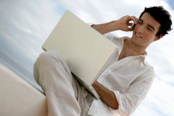 Man Smiling Computer Phone Calling Sea Profile — Stock Photo, Image