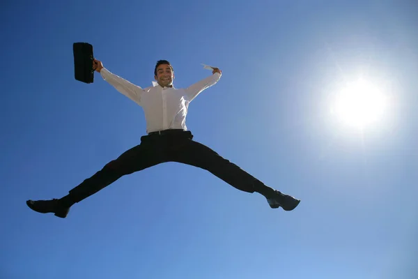Smiling Man Suit Briefcase Jumping Air Face — Stock Photo, Image