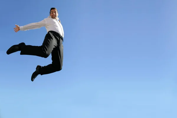 Smiling Man Costume Leaping Air Face — Stock Photo, Image