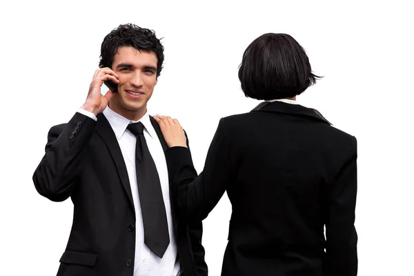 Sonriente Hombre Mujer Vestida Con Teléfono Móvil Frente Atrás — Foto de Stock