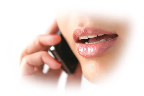 Boca Uma Mulher Telefonar Com Telemóvel — Fotografia de Stock