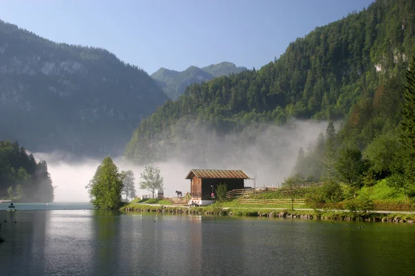 Πρωινή Ομίχλη Στο Βαβαρικό Koenigssee — Φωτογραφία Αρχείου