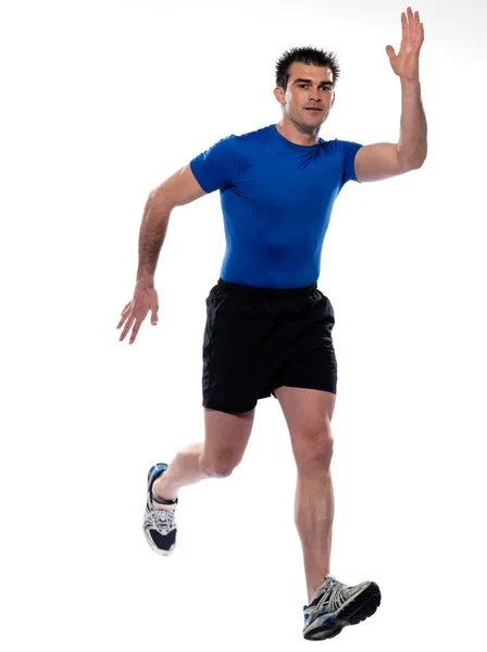 Портрет Спортсмена Мускулистым Спортсменом Прыгающим Через Белый Фон — стоковое фото