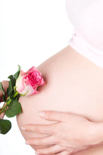 Беременная Девушка Розой Руке Животе — стоковое фото