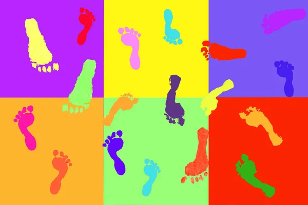 Tatsächliche Fußabdrücke Von Kindern Auf Bunten Blockmustern — Stockfoto