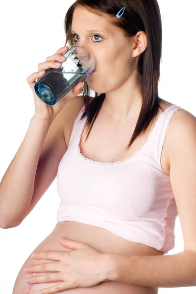 Pregnant Thirsty Girl Drinking Water — Stock Photo, Image