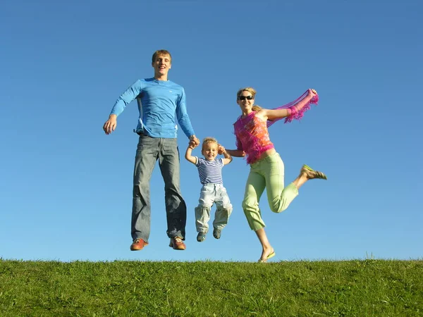 Πετάξει Ευτυχισμένη Οικογένεια Στον Γαλάζιο Ουρανό — Φωτογραφία Αρχείου