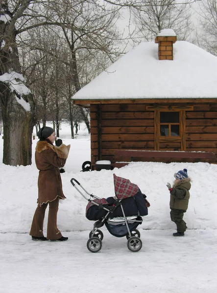 Madre Con Hijos Nieve Casa Campo —  Fotos de Stock