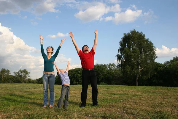 牧草地で手を上げている家族は — ストック写真