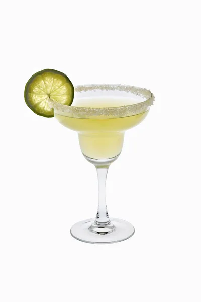 Margarita Gemengde Drank Met Gezouten Rand Limoenschijfje Garnering Een Witte — Stockfoto