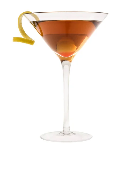 Cocktail Manhattan Seco Con Cáscara Limón Sobre Fondo Blanco — Foto de Stock