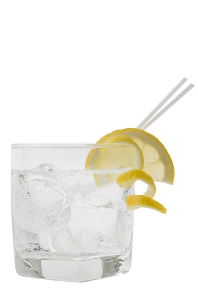 Club Soda Con Fetta Limone Buccia Guarnire Sfondo Bianco — Foto Stock