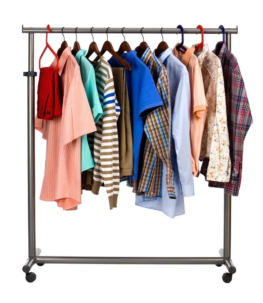 Multi Coloured Men Clothes Hangs Hanger White Background — Stock Photo, Image
