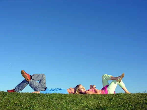 Couple Lie Blue Sky Girl Look You — Stock Photo, Image