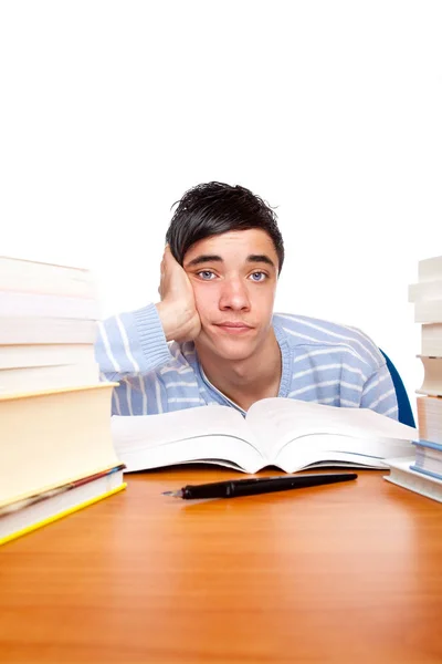 Jovem Bonito Masculino Estudante Aprende Frustrado Mesa — Fotografia de Stock