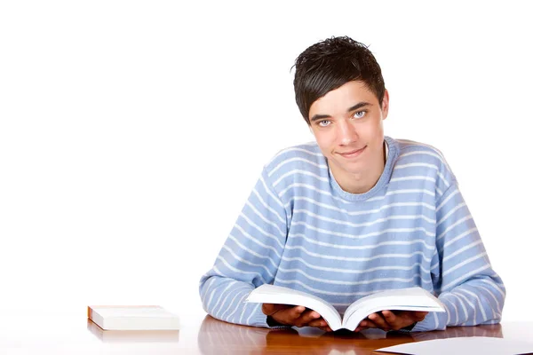 Jovem Bonito Estudante Aprende Com Livros Para Exame — Fotografia de Stock