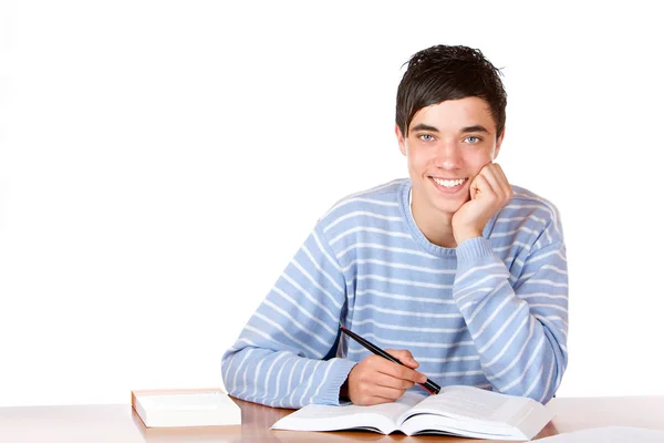 Jovem Estudante Atraente Aprende Mesa Para Testar — Fotografia de Stock