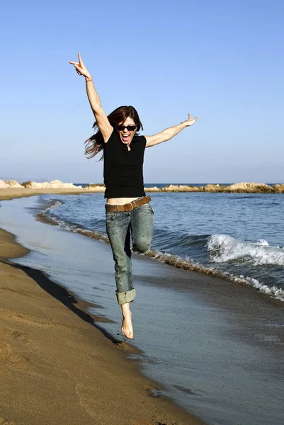 Woman Jumping Air Beach — Stock Photo, Image