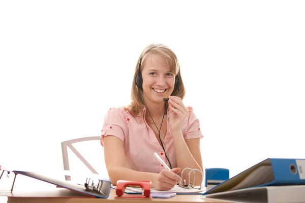 Mulher Com Fone Ouvido Mesa — Fotografia de Stock