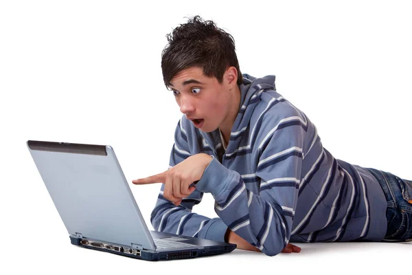 Jong Aantrekkelijk Mannelijk Student Vinden Verrassing Zijn Laptop Rechtenvrije Stockfoto's